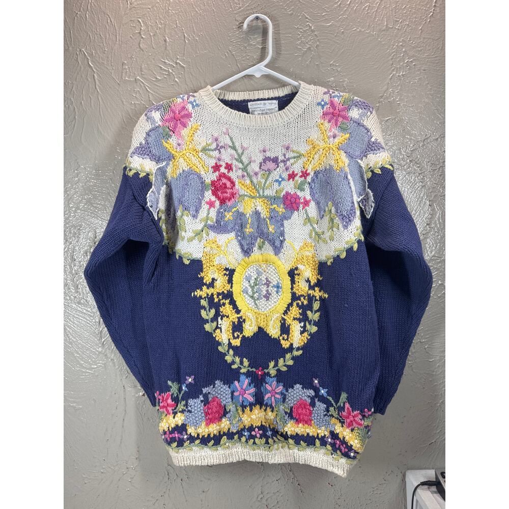 JENNIFER READ Blue Periwinkle Floral Easter Spring Hand Knitted Sweater Medium‎